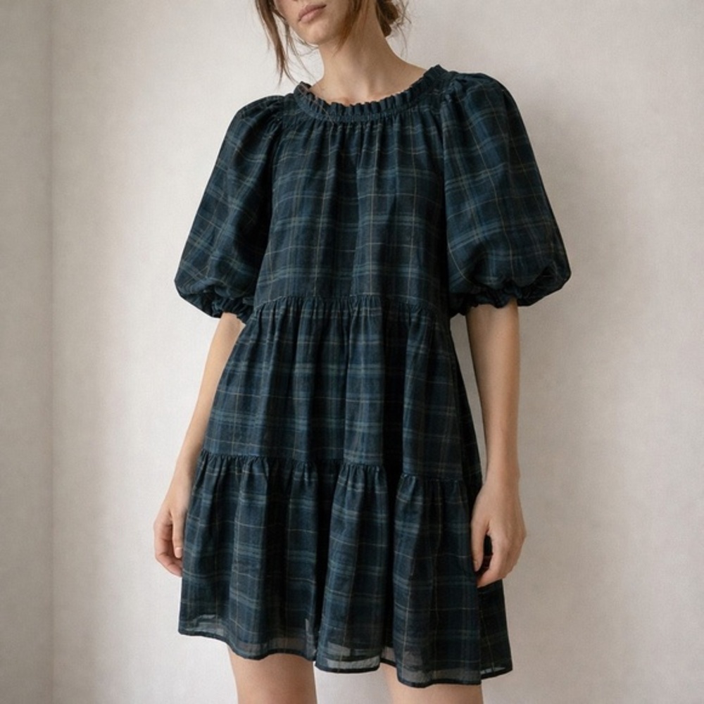 Marie Oliver Navy‎ Plaid Silk Puff Sleeve Babydoll Dress XXS Cottage Academia